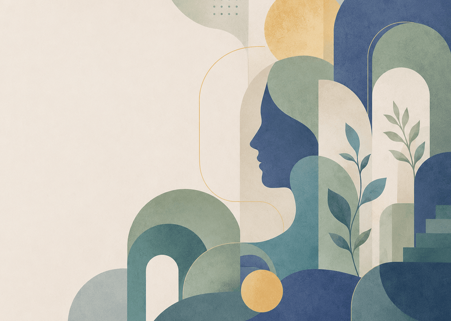 Abstract geometric illustration of a serene silhouette surrounded by botanical and architectural shapes in teal, sage, gold and cream tones